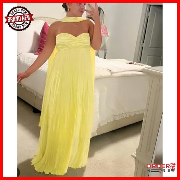 Strapless Satin Formal Gown with Scarf Pleated Maxi Dress - Picture 4 of 8